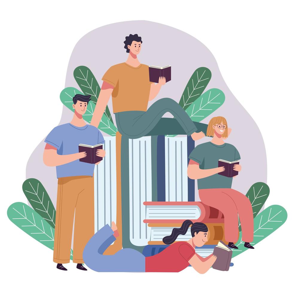 group of four readers reading books with leafs vector