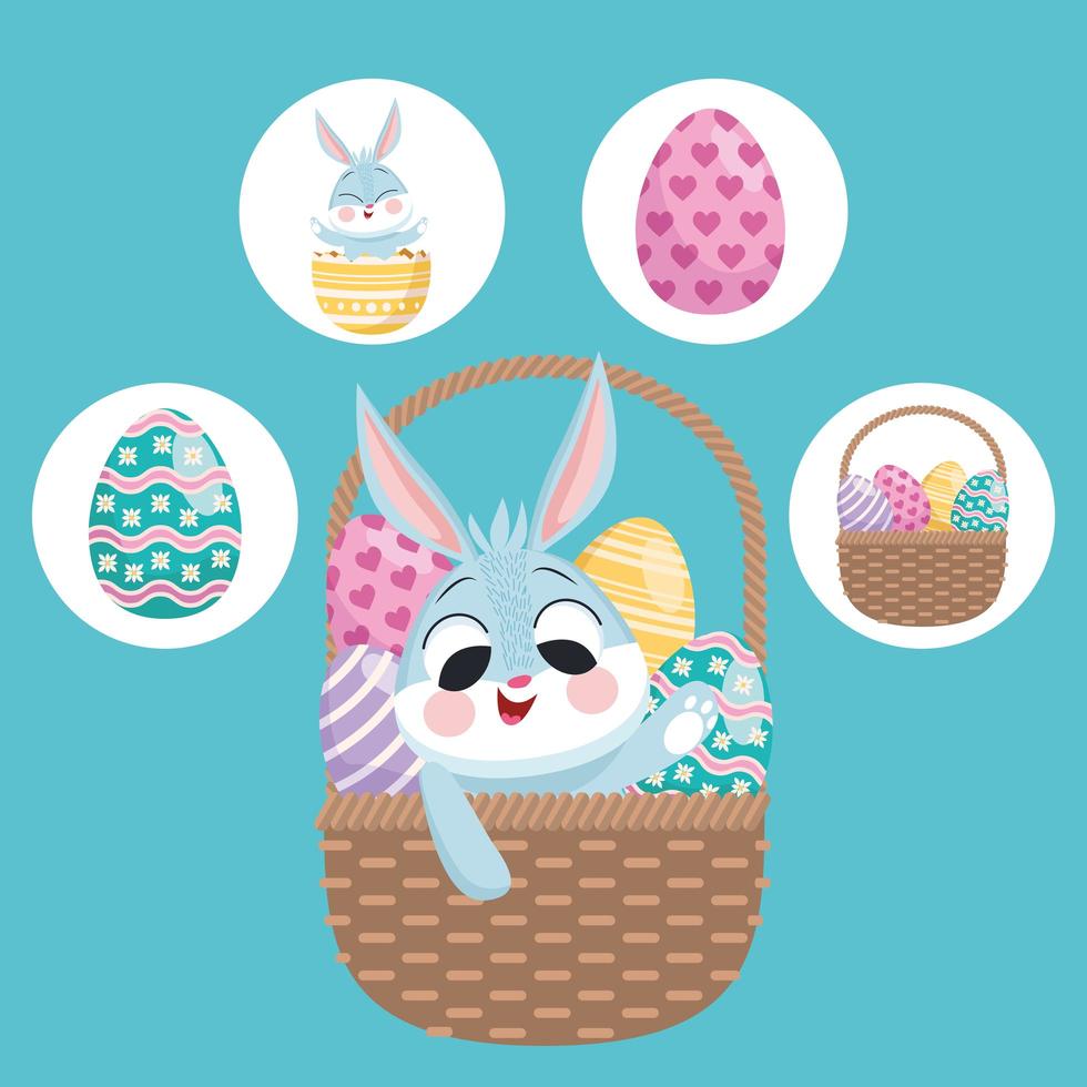 rabbit and eggs painted in basket and bundle of four happy easter set icons vector