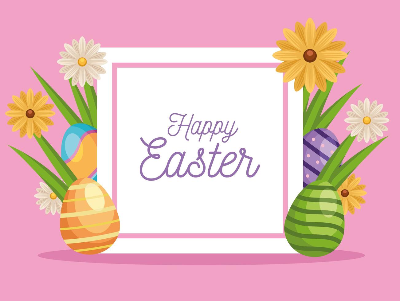 happy easter lettering card with eggs painted and flowers in square frame vector