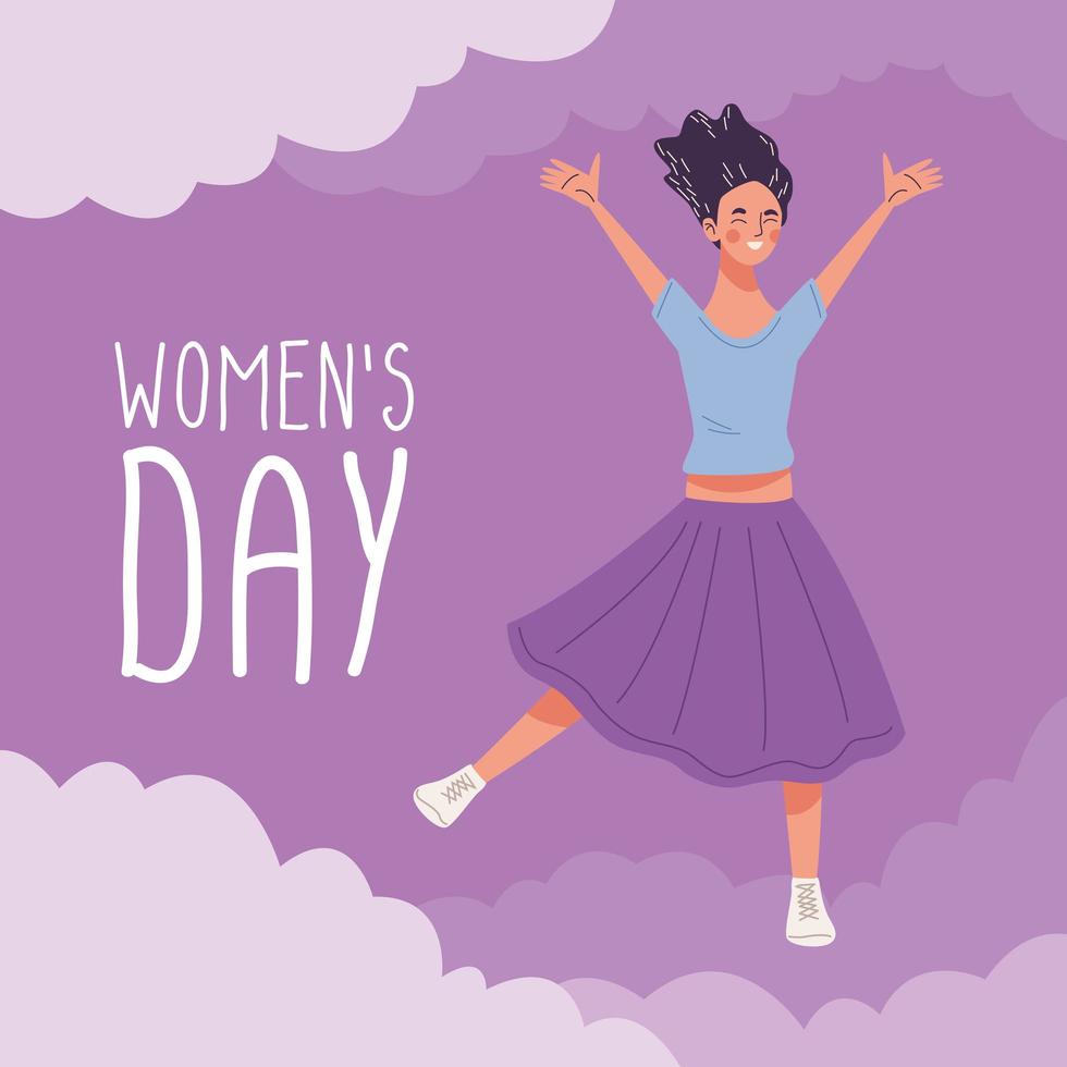 womens day lettering with young woman happy jumping character vector