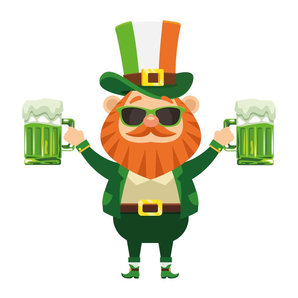 saint patrick leprechaun character with sunglasses drinking beers vector