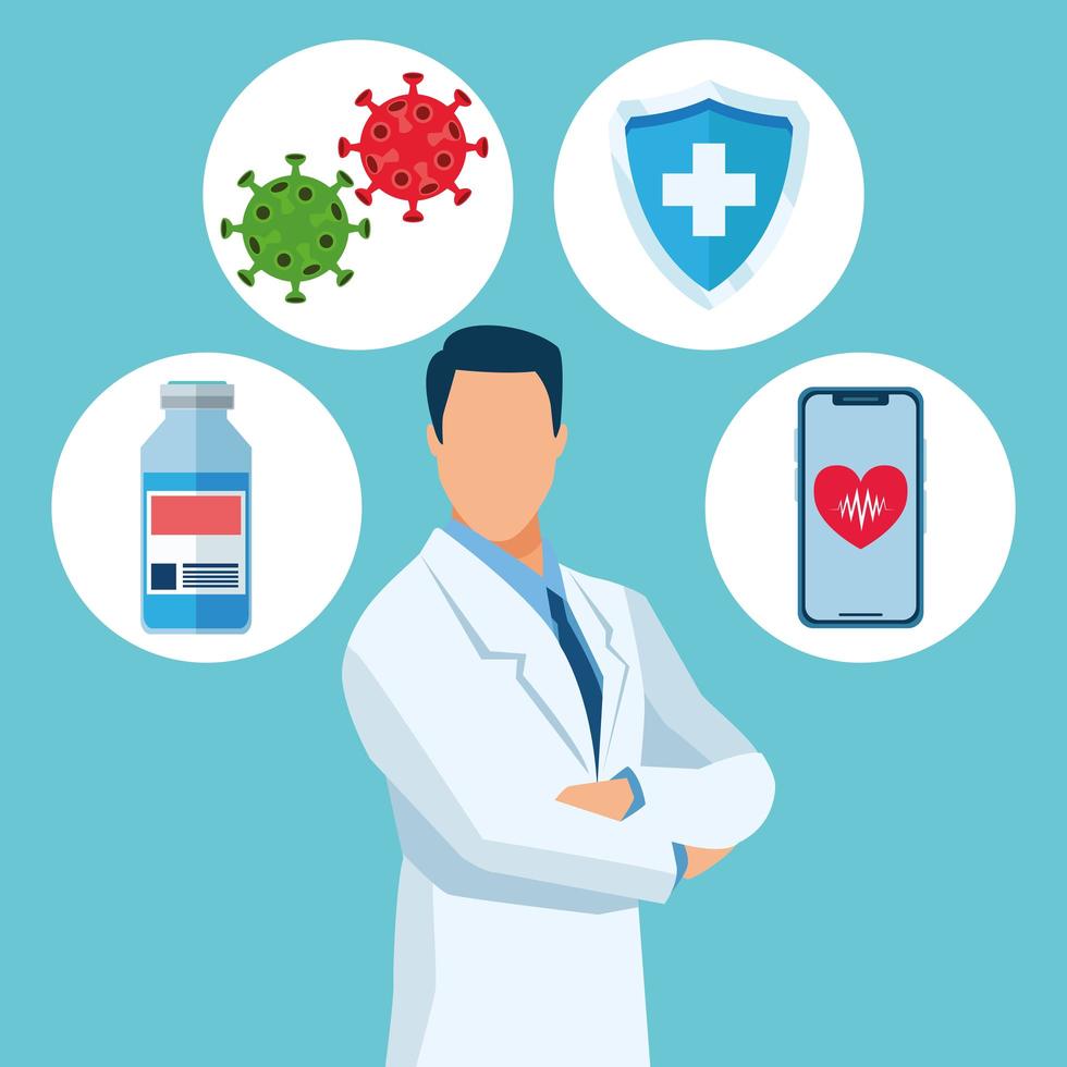 doctor character with covid19 vaccine icons vector