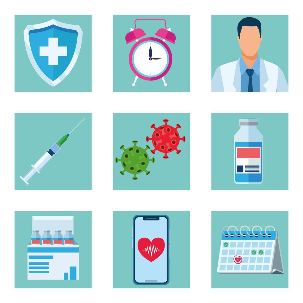 bundle of nine covid19 vaccine icons vector