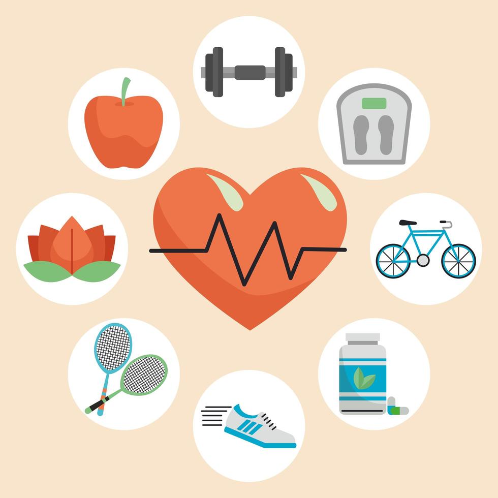 heart cardio with bundle of eight healthy lifestyle set icons vector