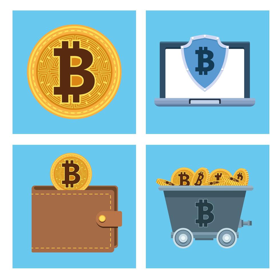 bitcoins, cyber dinero, tecnología, conjunto, iconos vector