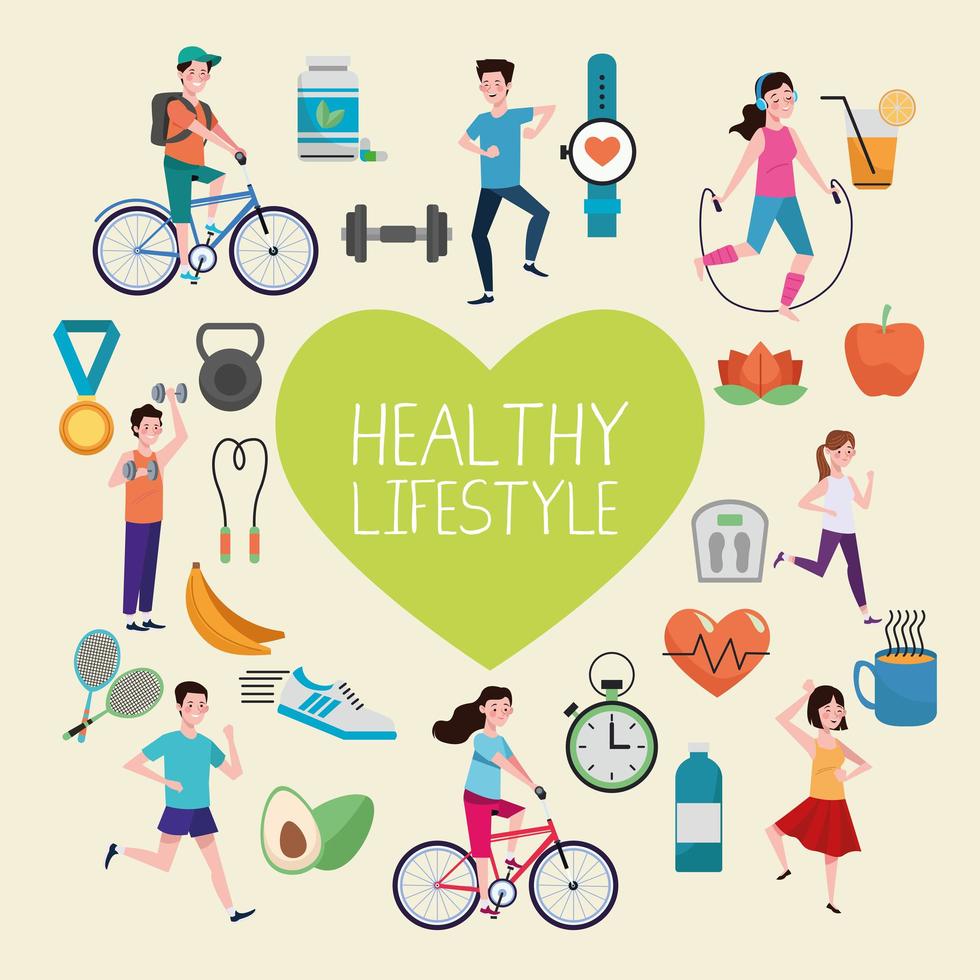 heart with healthy lifestyle set icons vector
