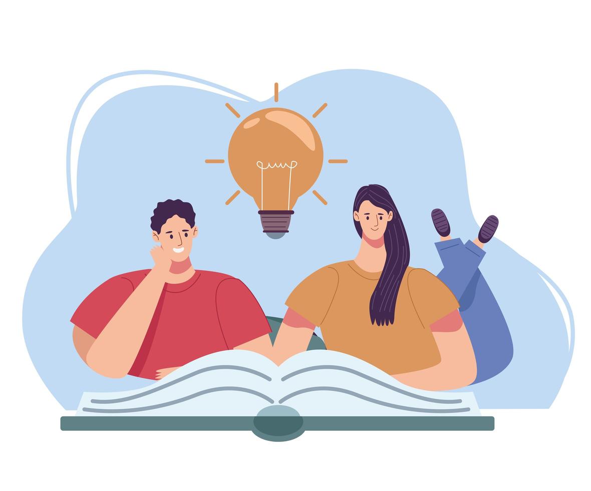 readers couple reading book with bulb characters vector