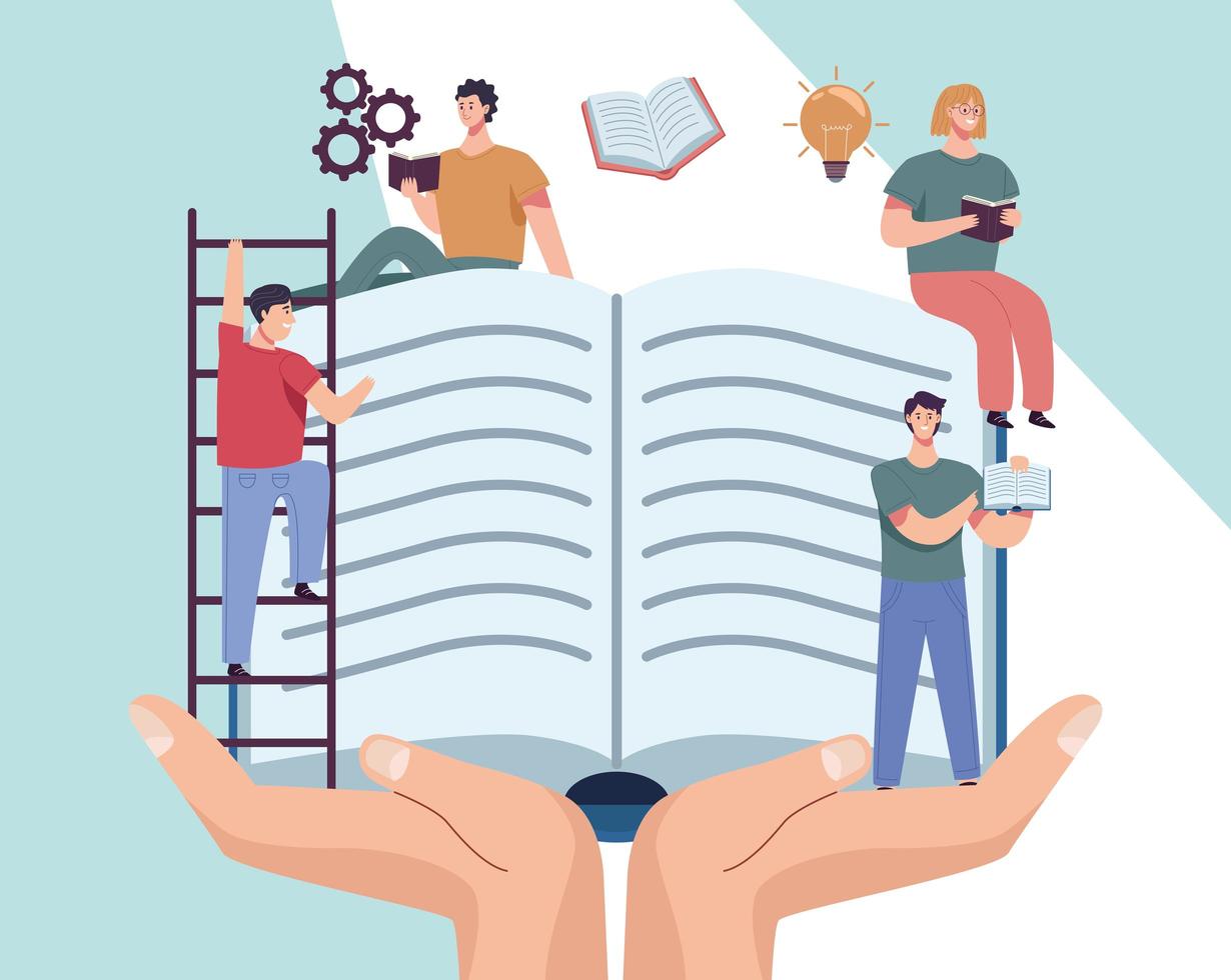 group of readers with books in hands characters vector