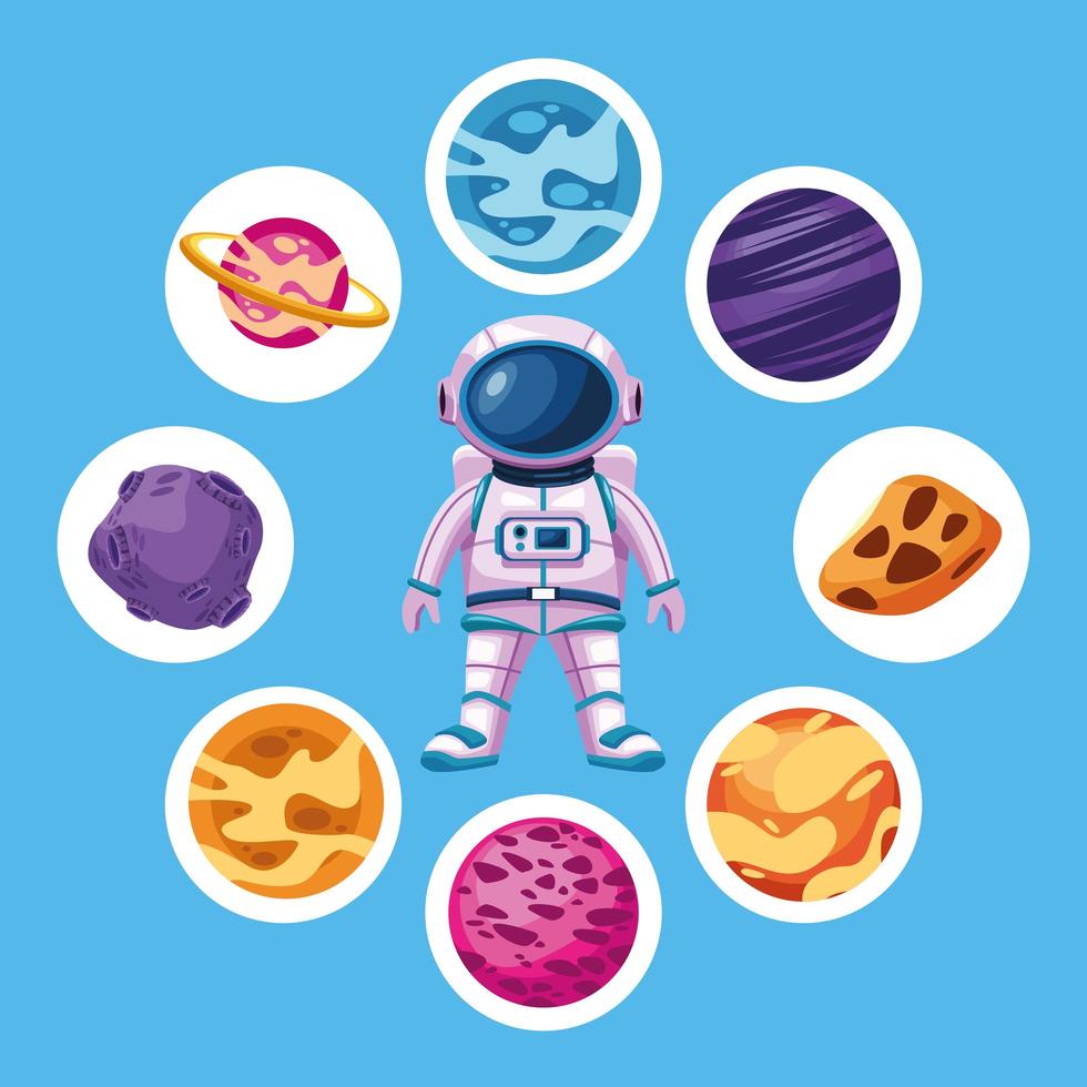 astronauta con planetas espaciales alrededor de iconos vector