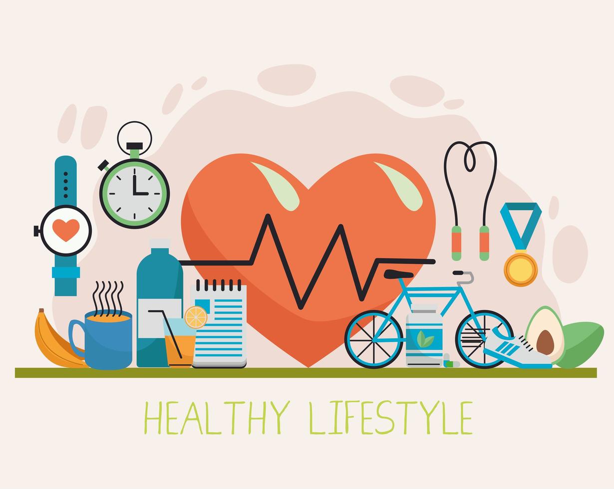 heart cardio with healthy lifestyle icons vector