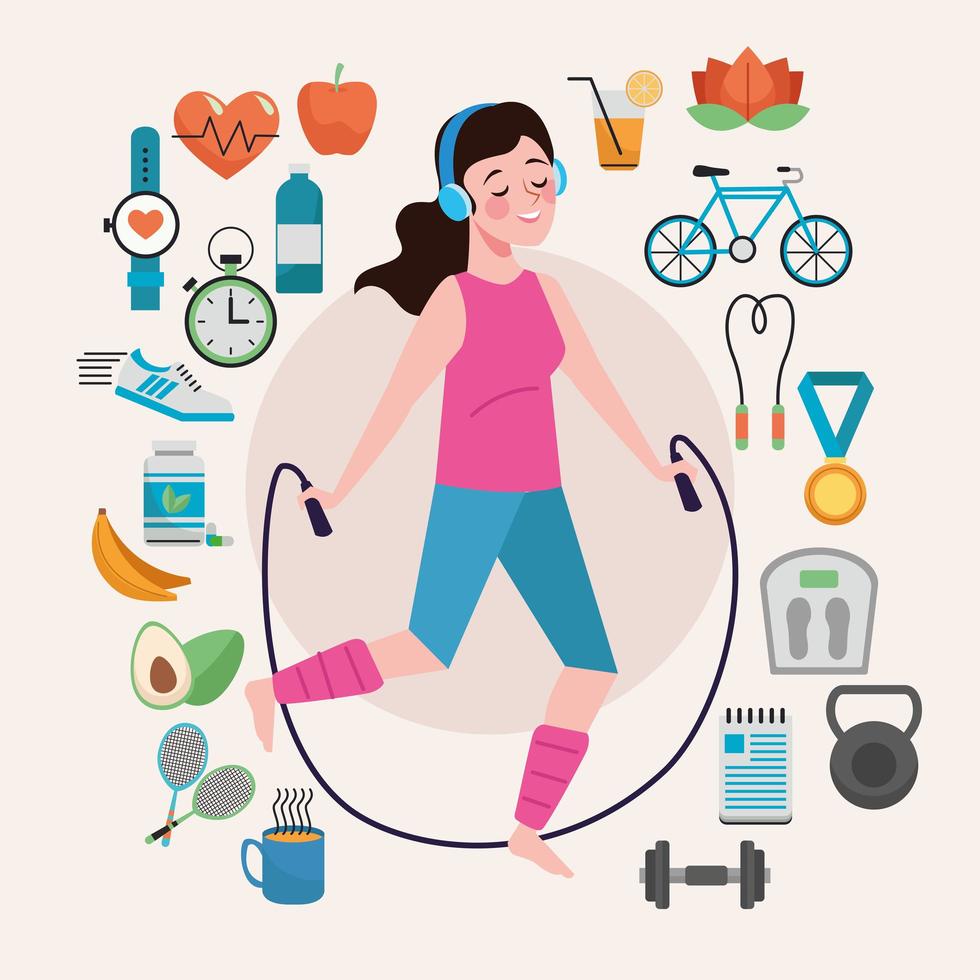 woman jumping rope healthy lifestyle set icons vector