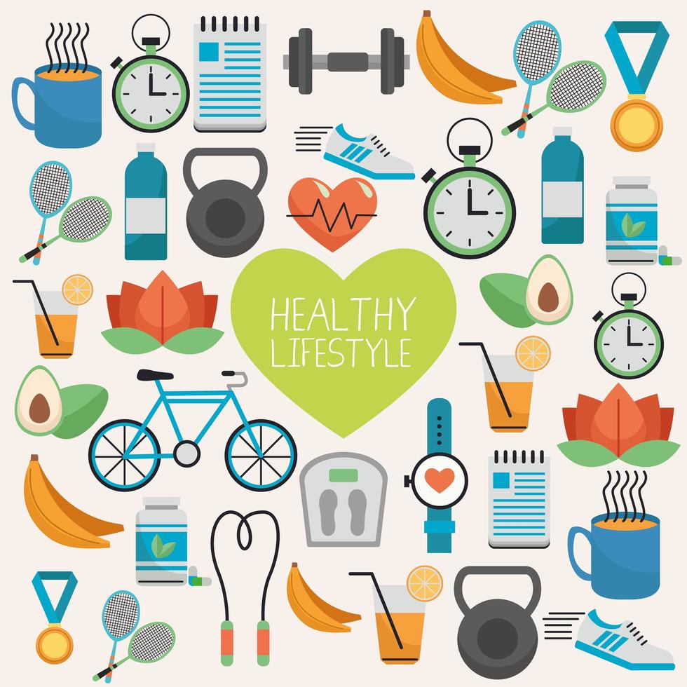 heart with healthy lifestyle set icons pattern vector