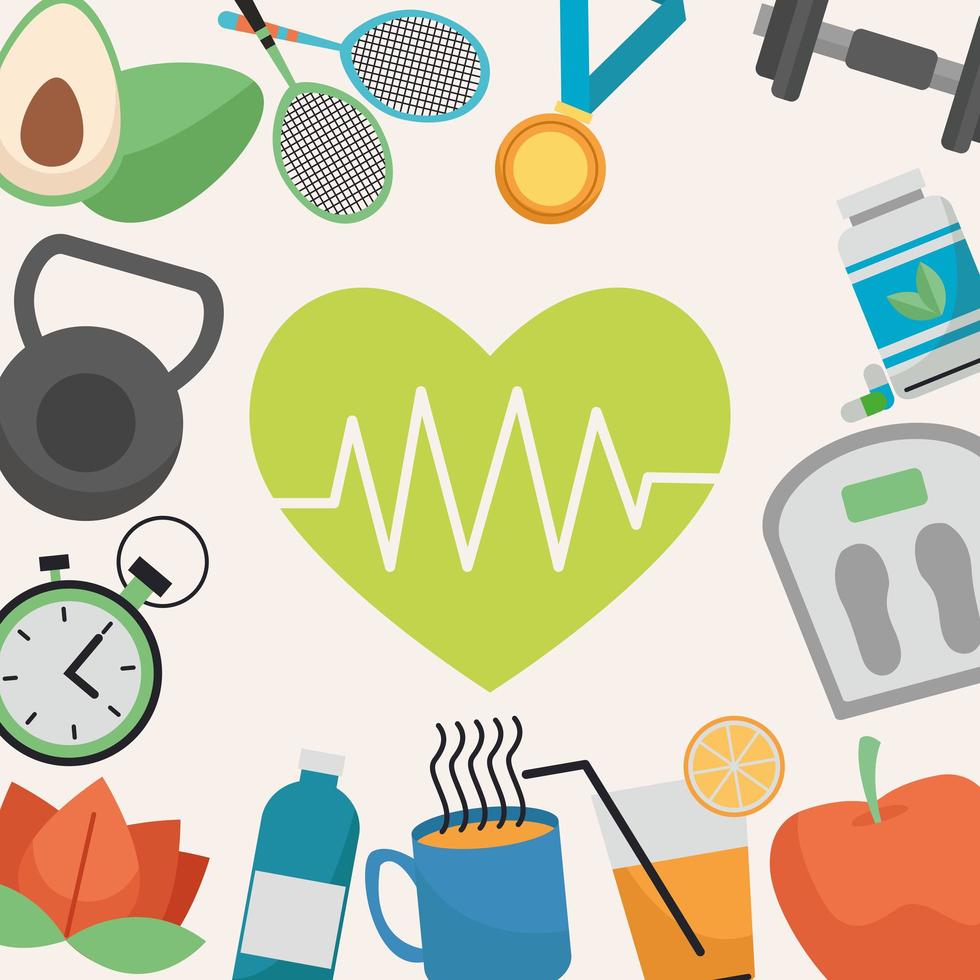 heart cardio with bundle of healthy lifestyle set icons around vector