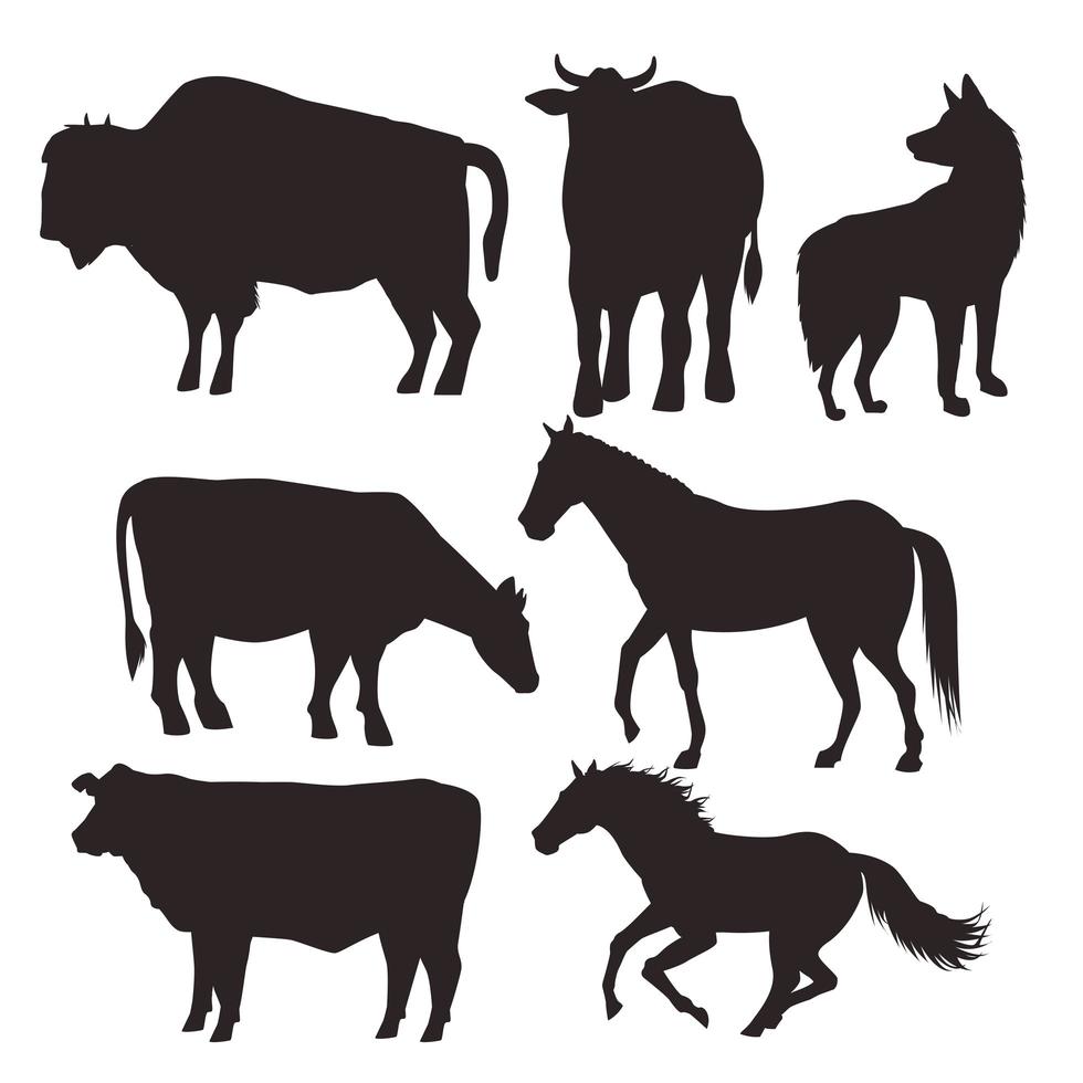 caballos y vacas animales negros siluetas iconos aislados vector