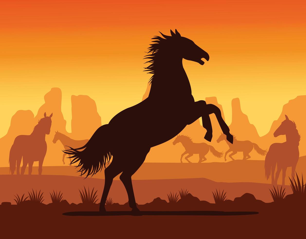 caballo, negro, animal, silueta, en, desierto, paisaje vector