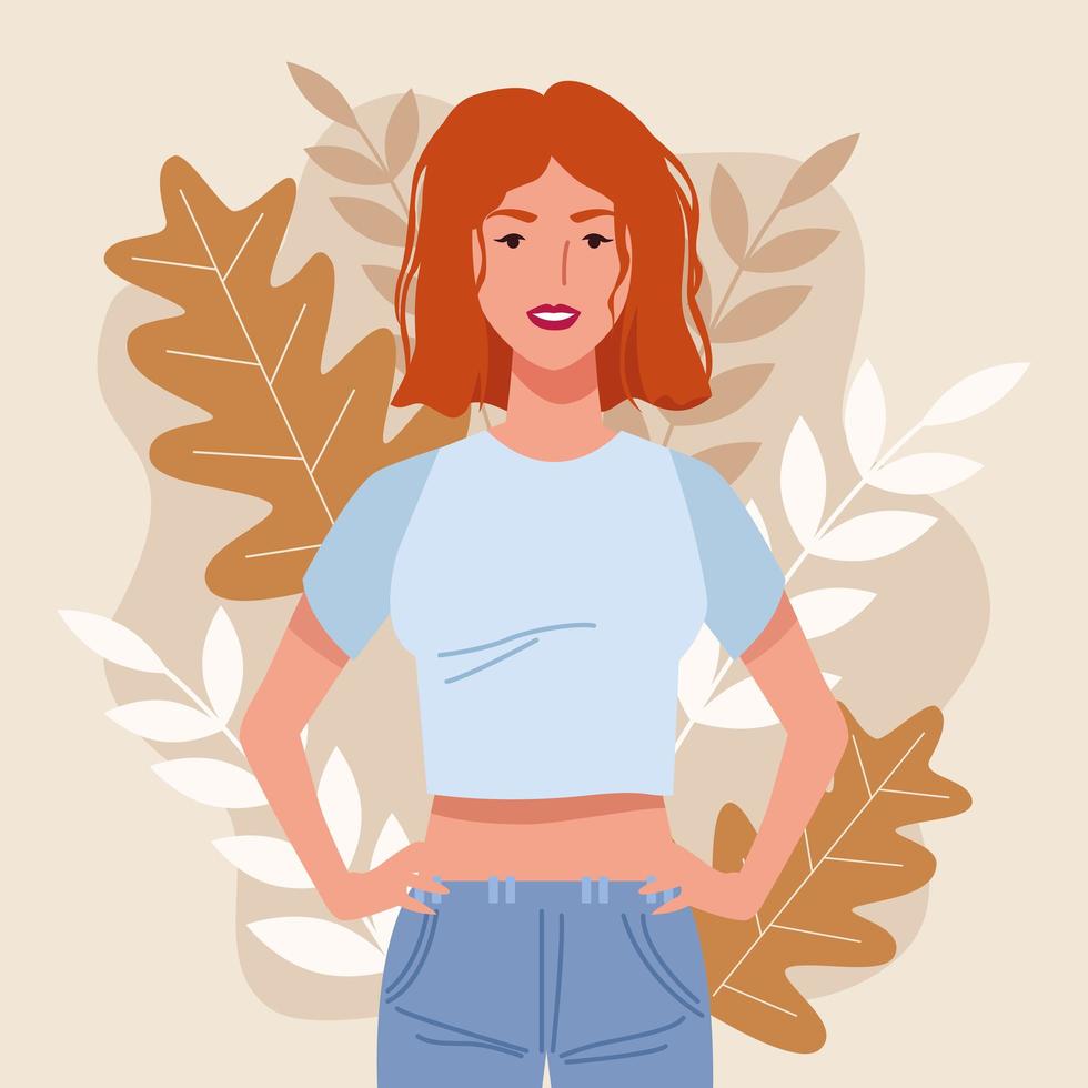 beautiful redhead woman character with leafs vector