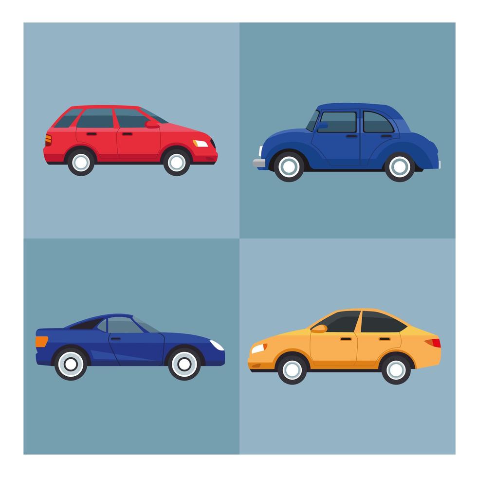 Cuatro coches vehículos colores iconos aislados vector