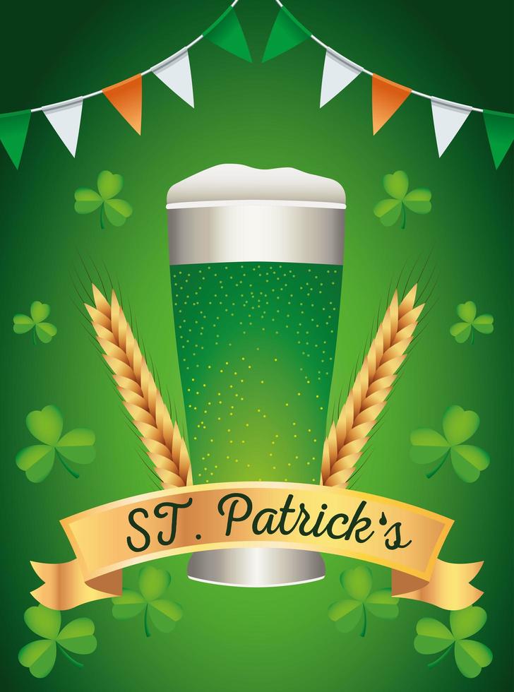 happy saint patricks day poster with green beer and garlands vector