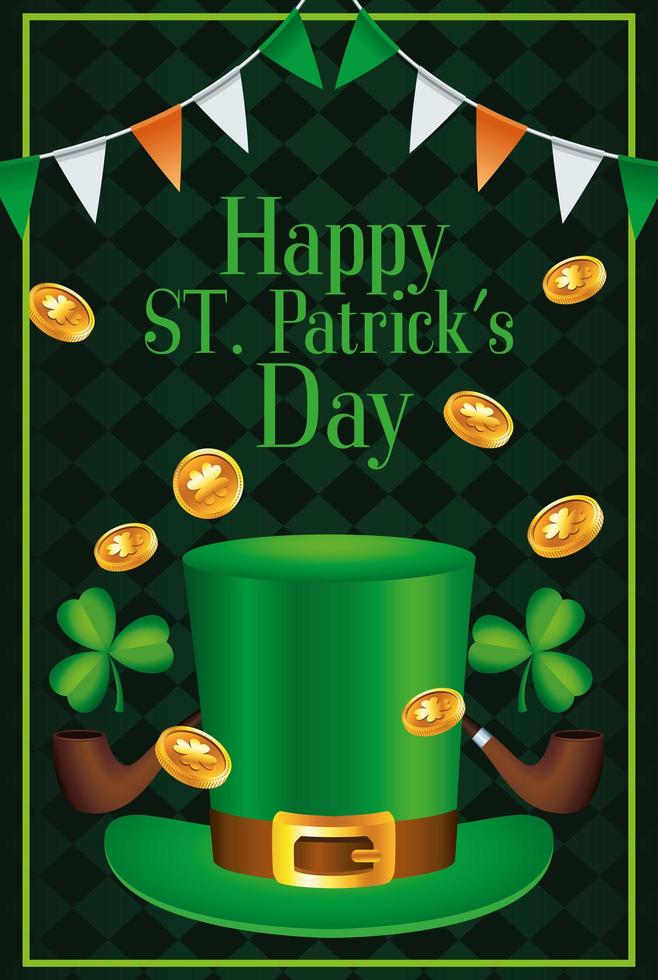 happy saint patricks day lettering with tophat and coins vector