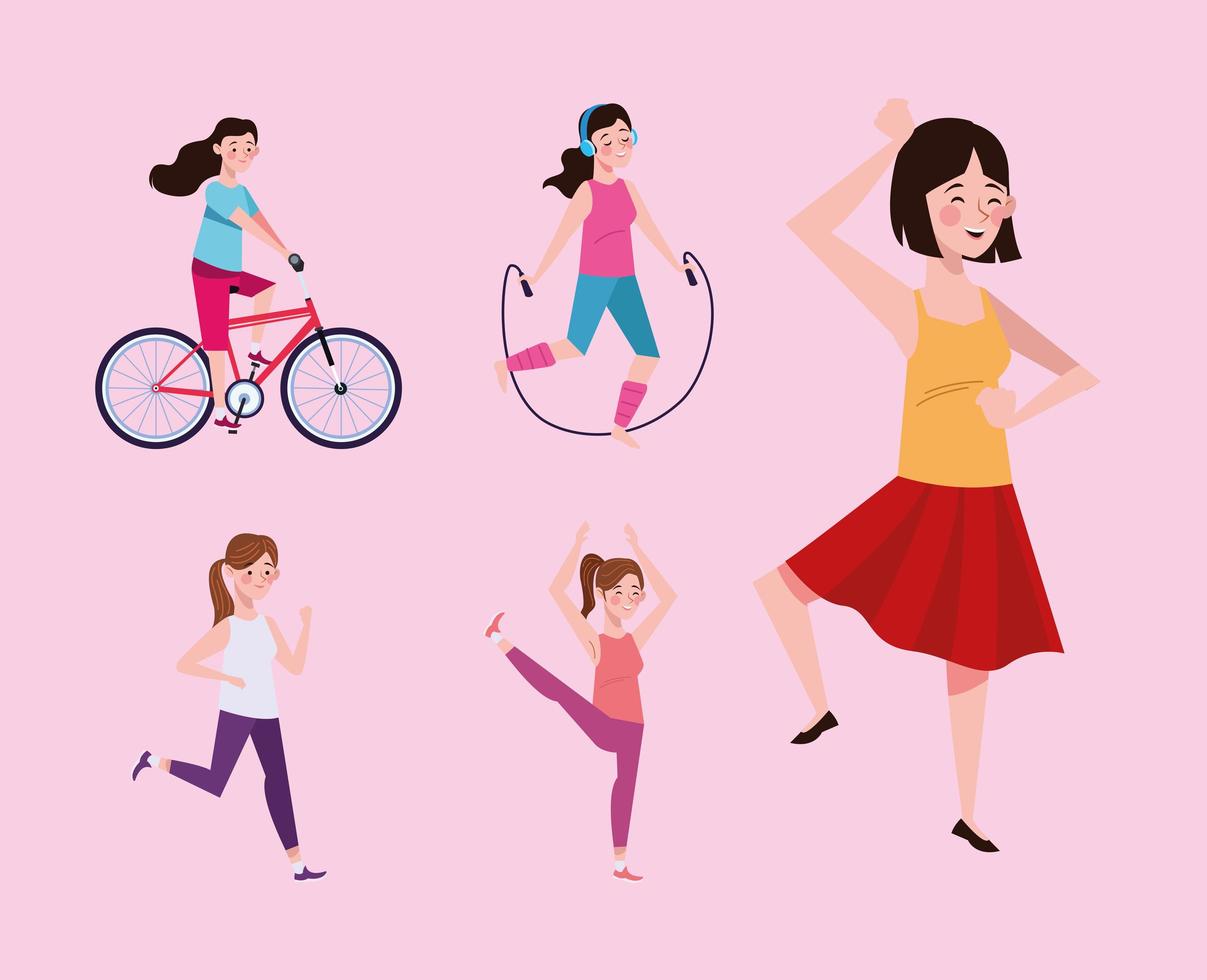 niñas practicando ejercicios personajes estilo de vida saludable vector