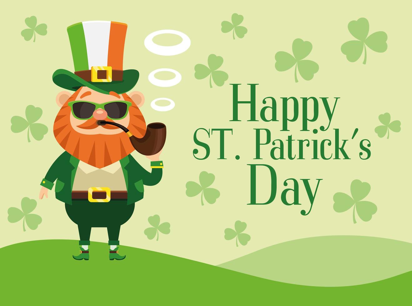 happy saint patricks day lettering poster with leprechaun smoking pipe vector