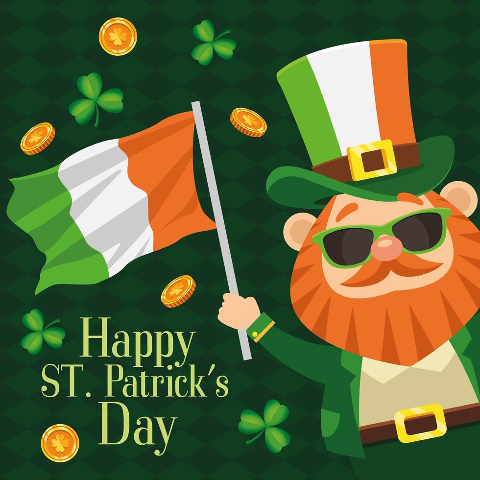 happy saint patricks day lettering poster with leprechaun waving ireland flag vector