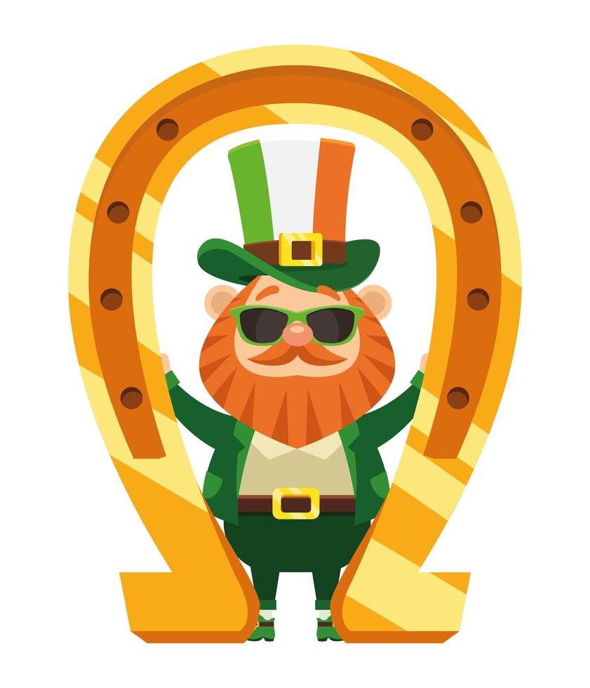 saint patrick leprechaun character with sunglasses and horseshoe golden vector