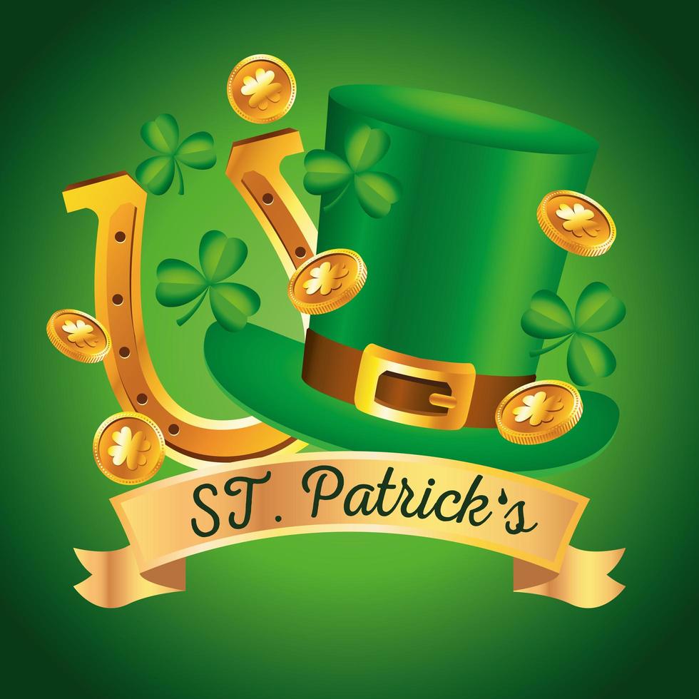 happy saint patricks day lettering with tophat and golden horseshoe vector