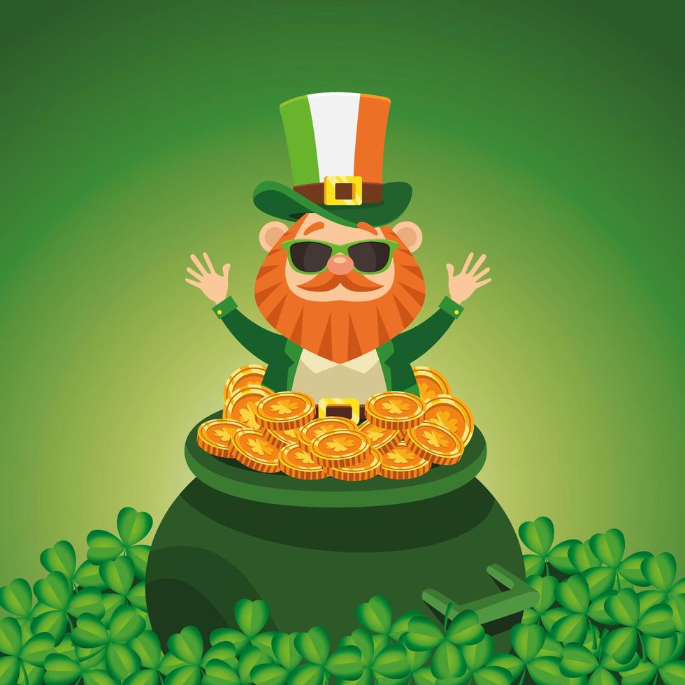 happy saint patricks day poster with leprechaun in treasure cauldron vector