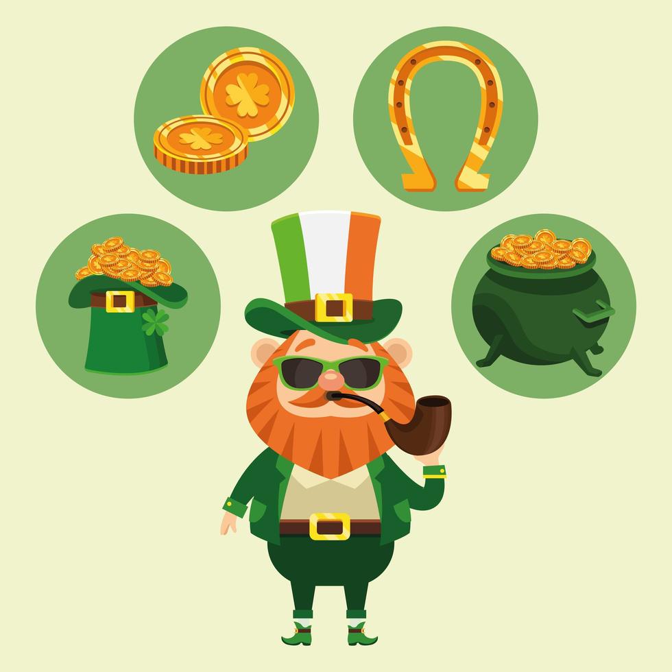 happy saint patricks day poster with leprechaun and icons around vector