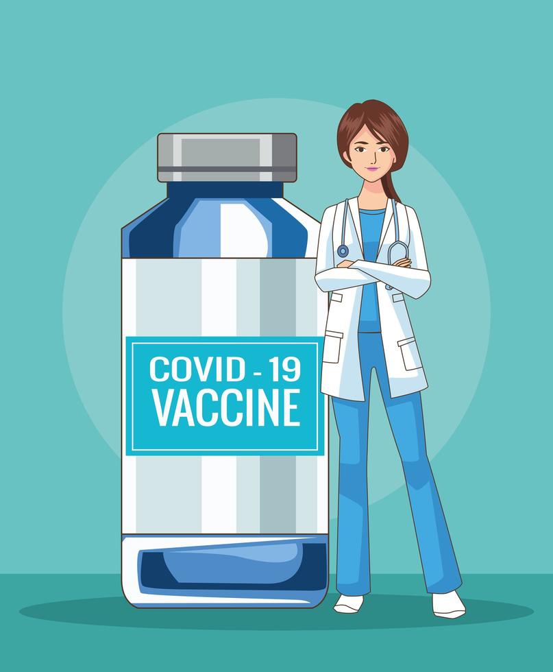 female doctor character with covid19 vaccine vial vector