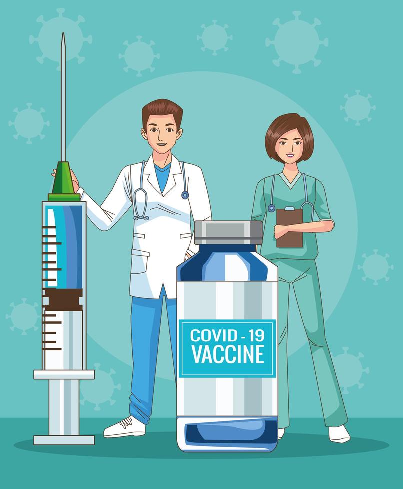 doctors couple characters with covid19 vaccine vial and syringe vector