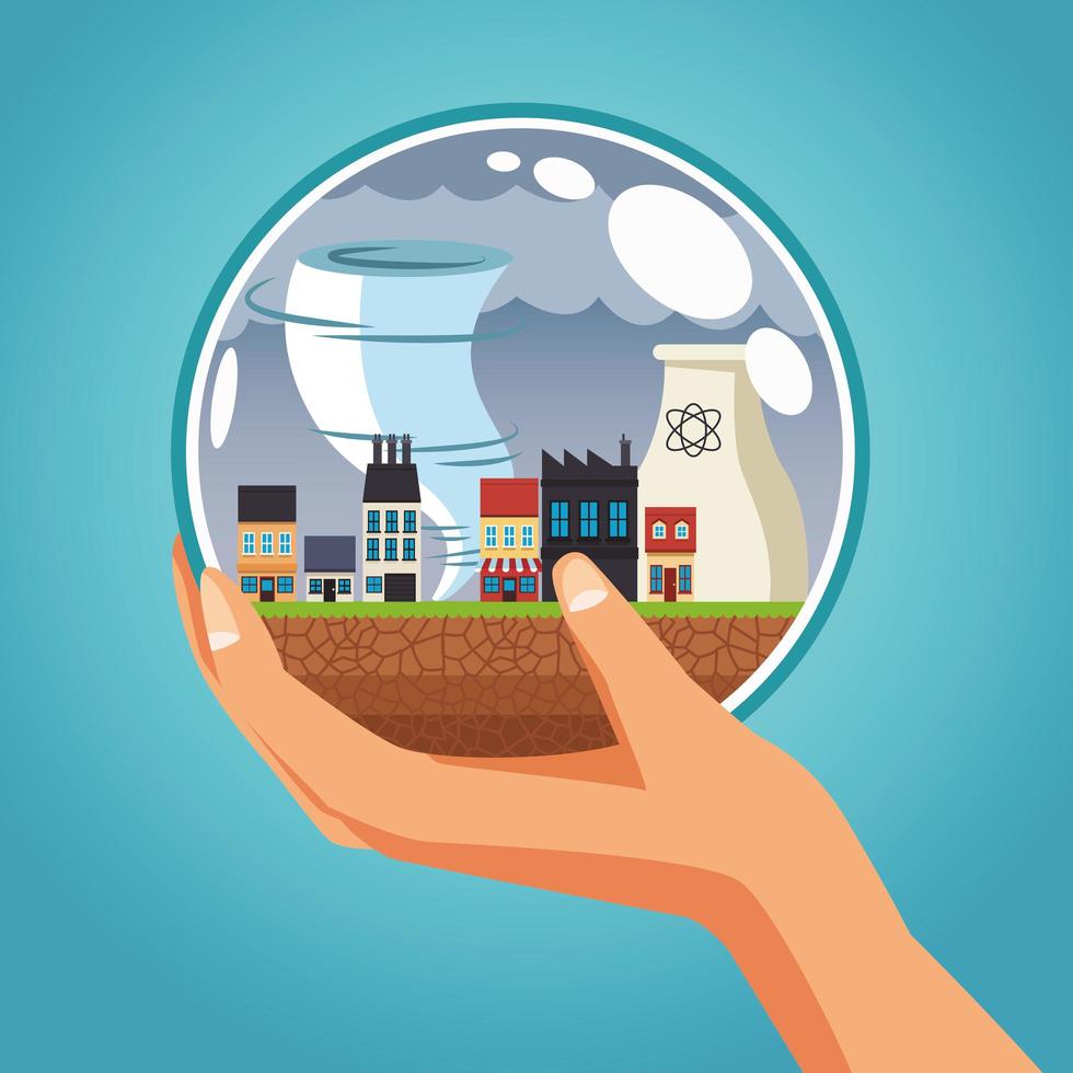 climate change effect hand lifting city scape scene with twister vector