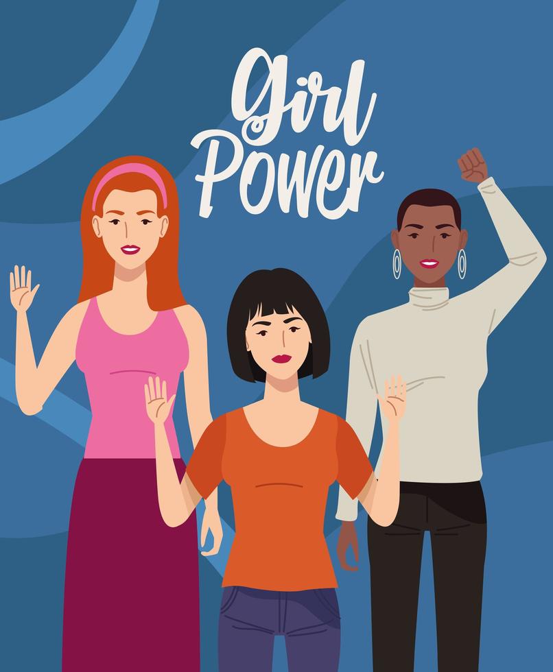 group of beautiful women characters with girl power lettering vector