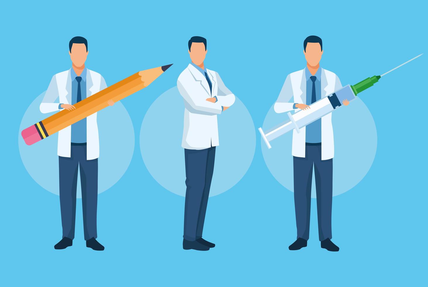 group of doctors characters with covid19 vaccine and pencil vector
