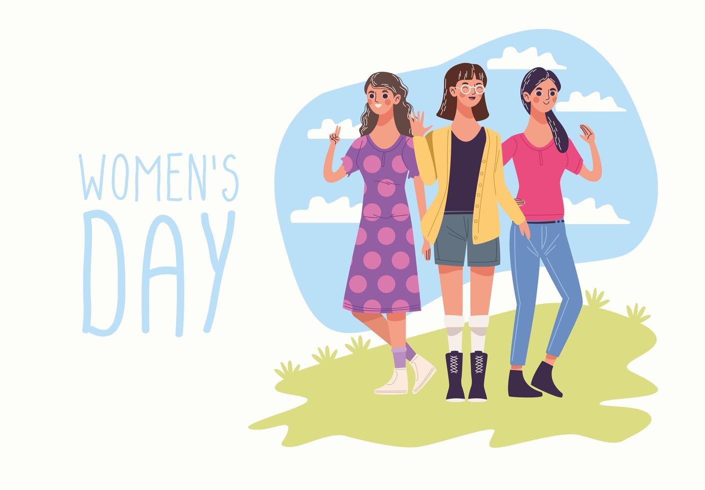womens day with group of three young women characters vector