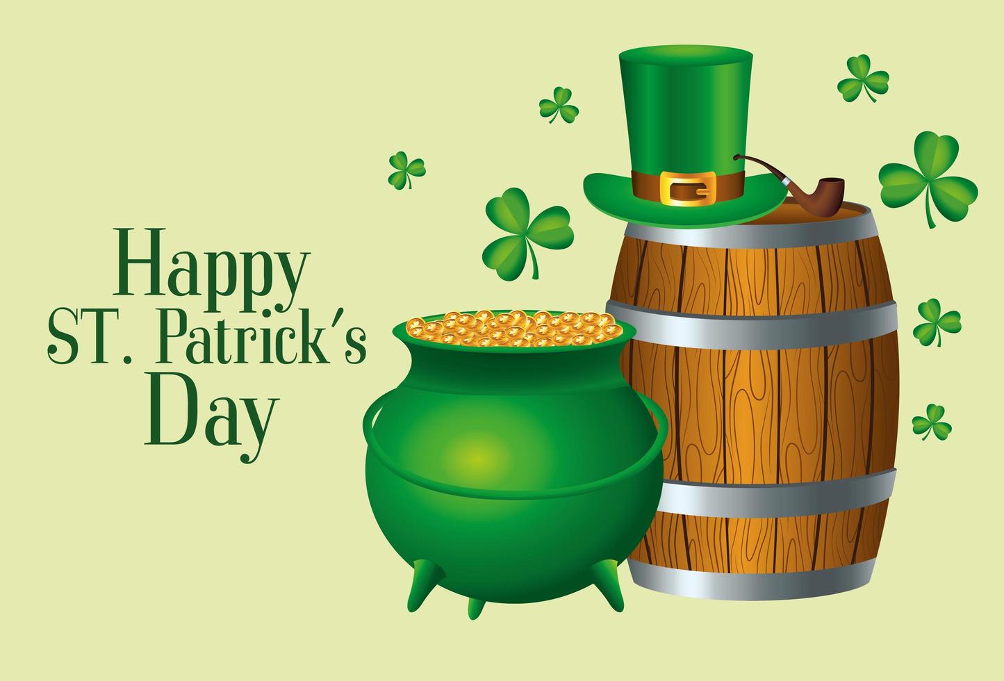 Feliz día de San Patricio letras con barril de cerveza y caldero vector