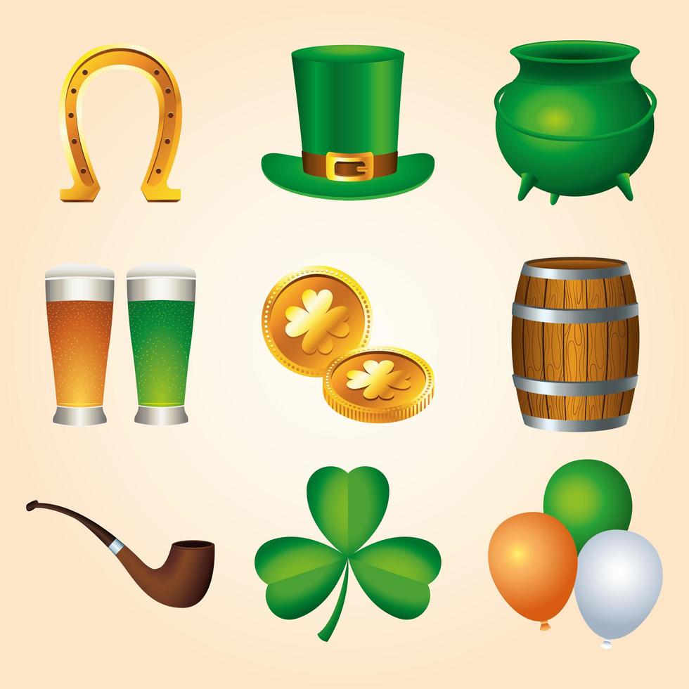 paquete de nueve iconos felices del día de san patricio vector