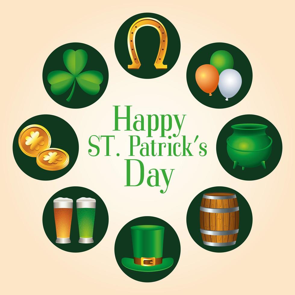 happy saint patricks day lettering with set icons around vector