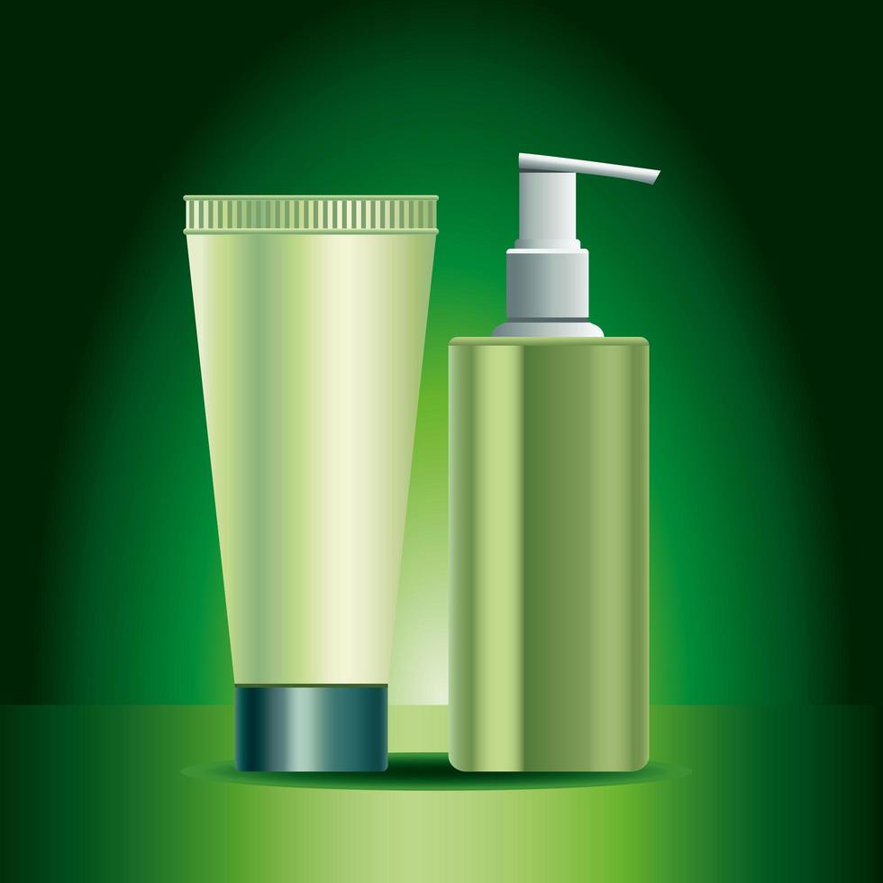 two green skin care bottle and tube products icons vector