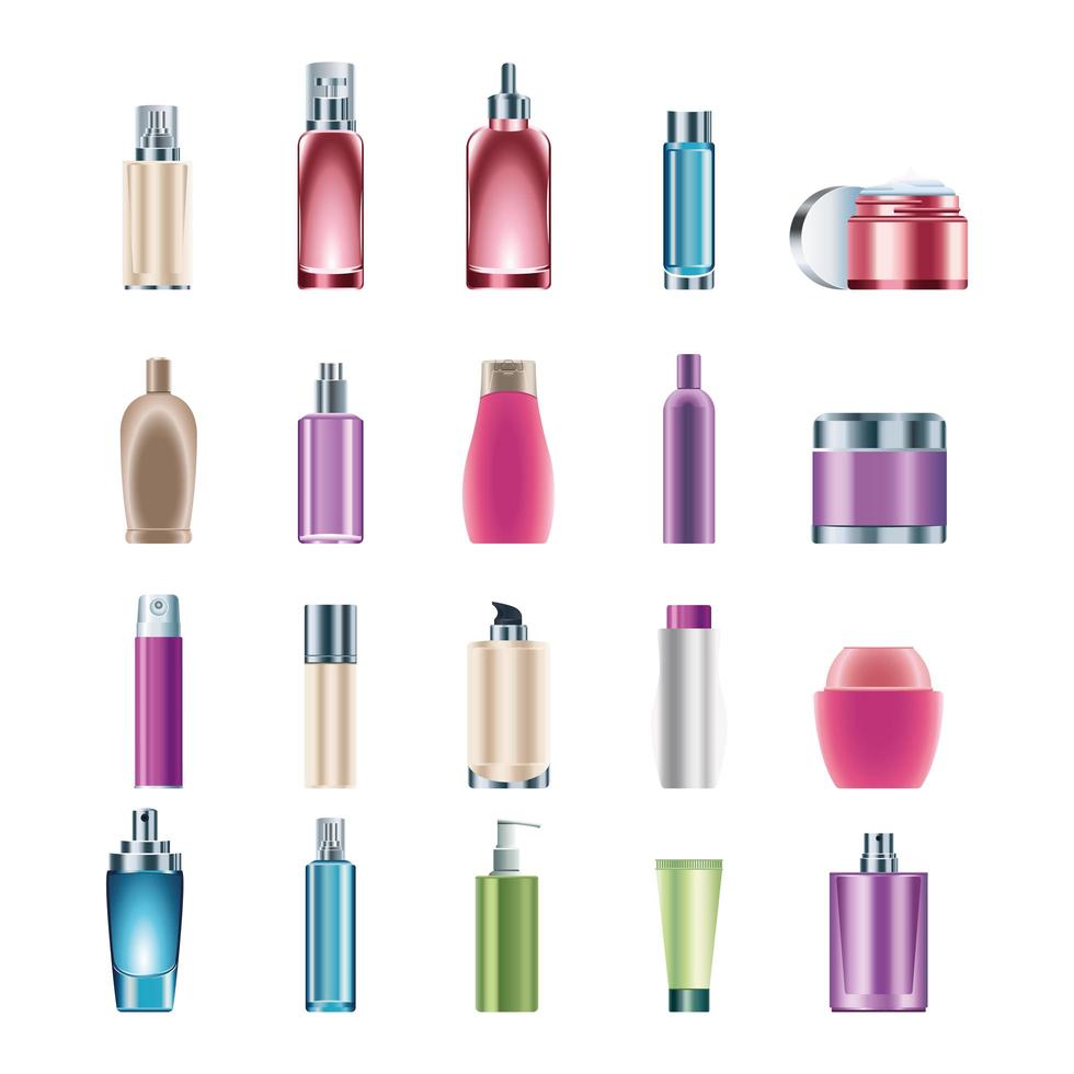 paquete de veinte iconos de productos de botellas para el cuidado de la piel vector