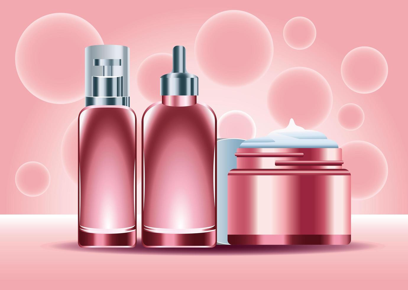 three skin care bottles products color red set icons vector