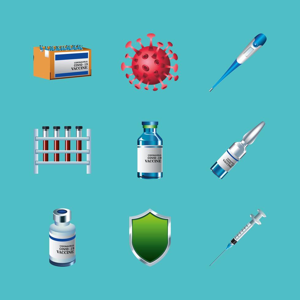 paquete de nueve iconos de conjunto de vacuna contra el virus covid19 vector