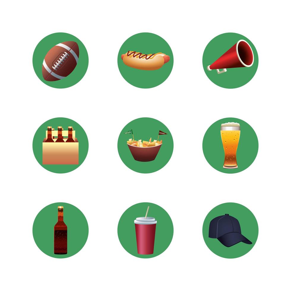 paquete de nueve iconos de set de fútbol americano del super bowl vector