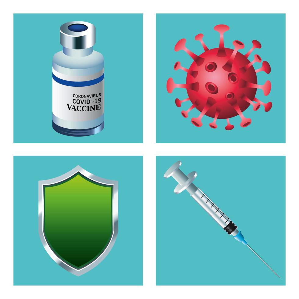 paquete de cuatro iconos de conjunto de vacuna contra el virus covid19 vector