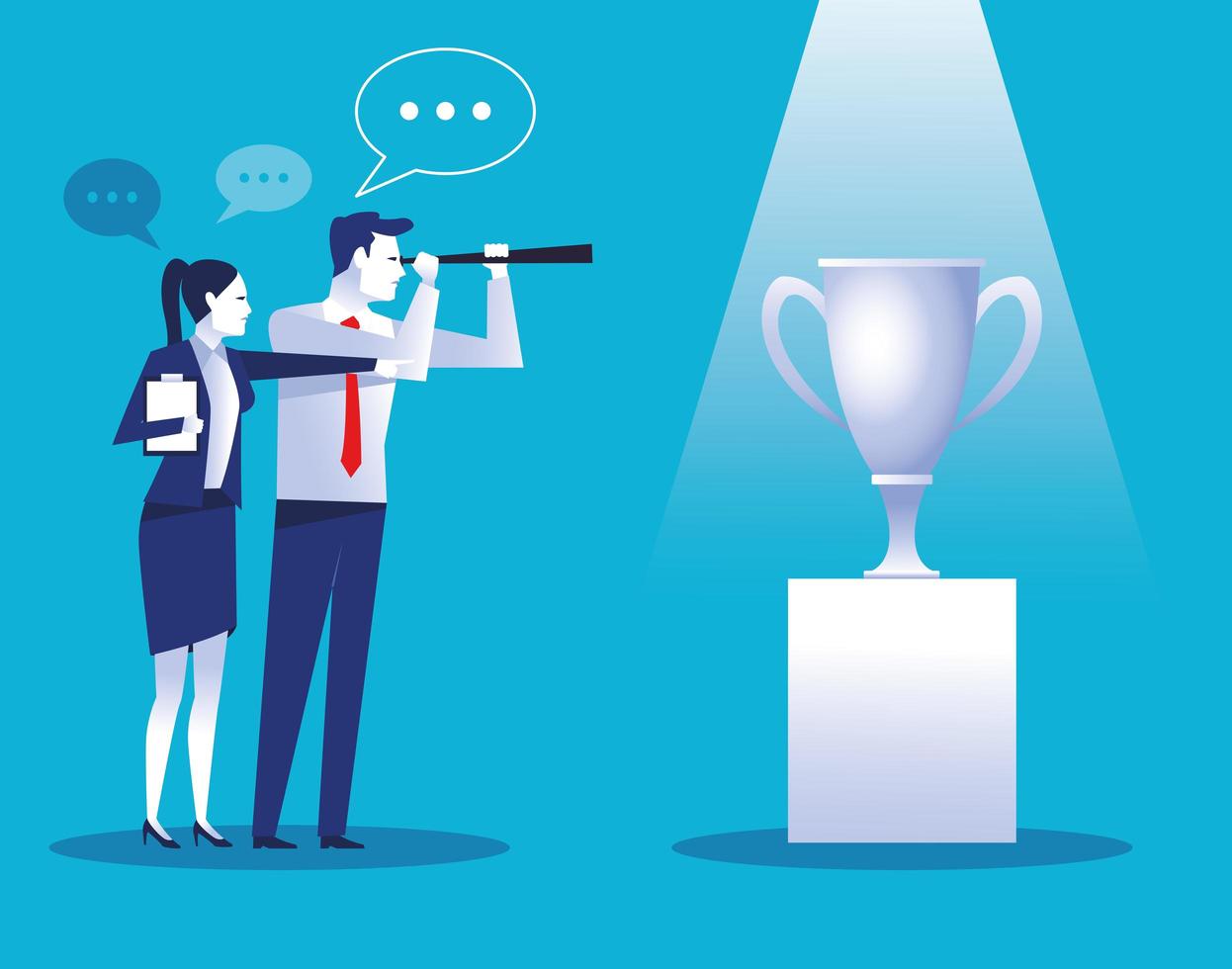elegant business couple workers with trophy cup vector