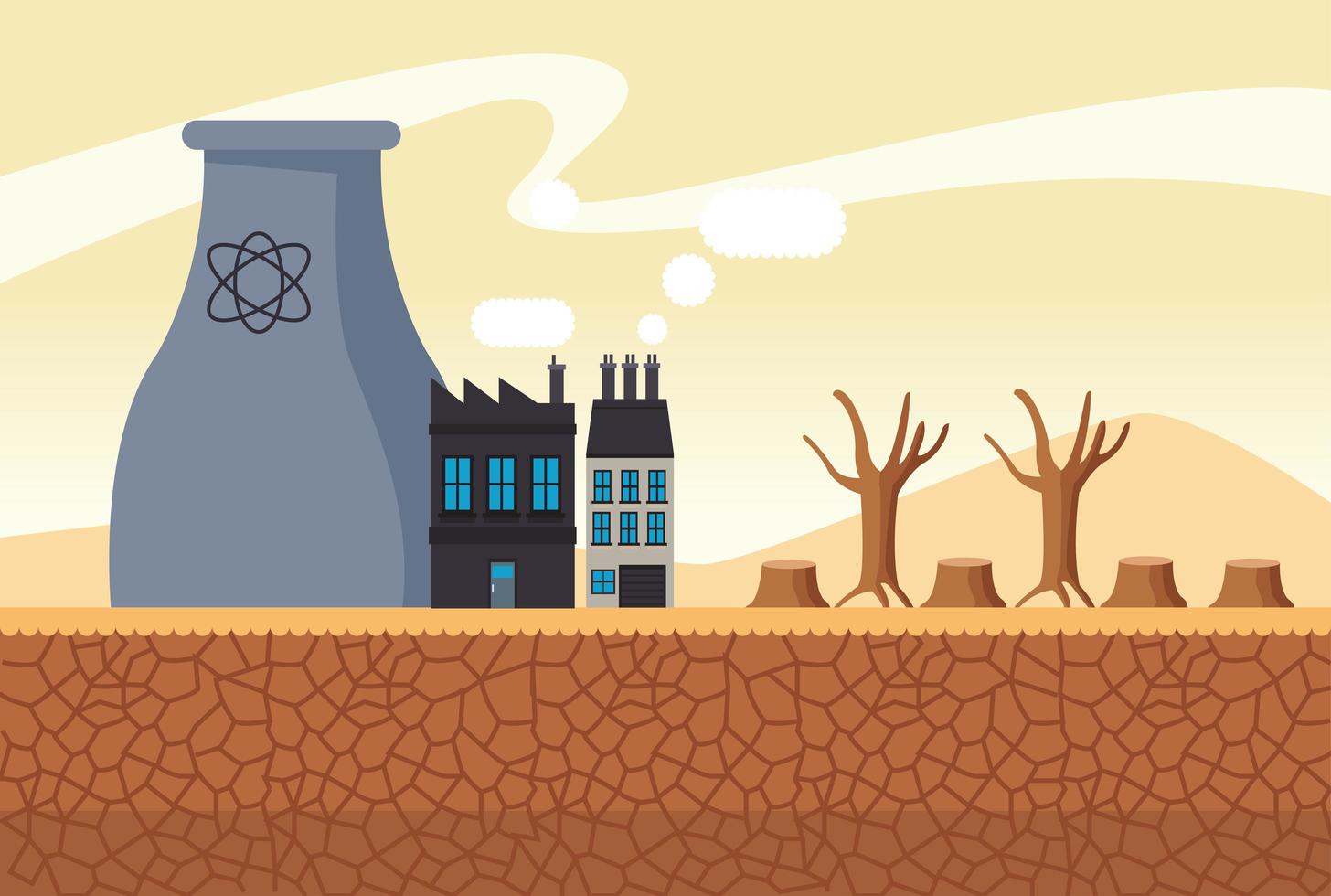 climate change effect city scape desertic scene with chimney factory vector