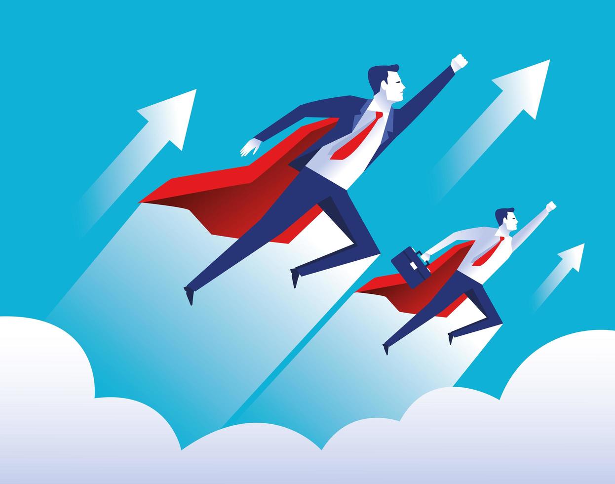 two elegant businessmen workers flying with heros capes characters vector