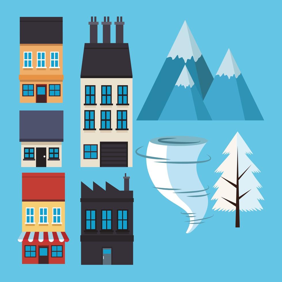 set of houses facades with mountains and twister vector