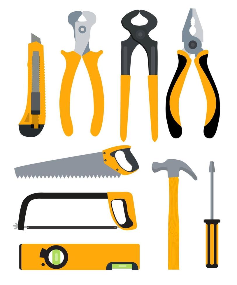 Set of Isolated Icons Building Tools for Repair. Pliers, nippers, saw, knife, hammer, screwdriver and level. vector